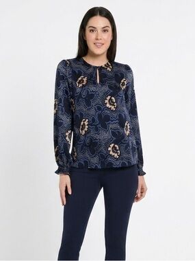 Ted Baker Navy Floral Keyhole Blouse | Size Medium